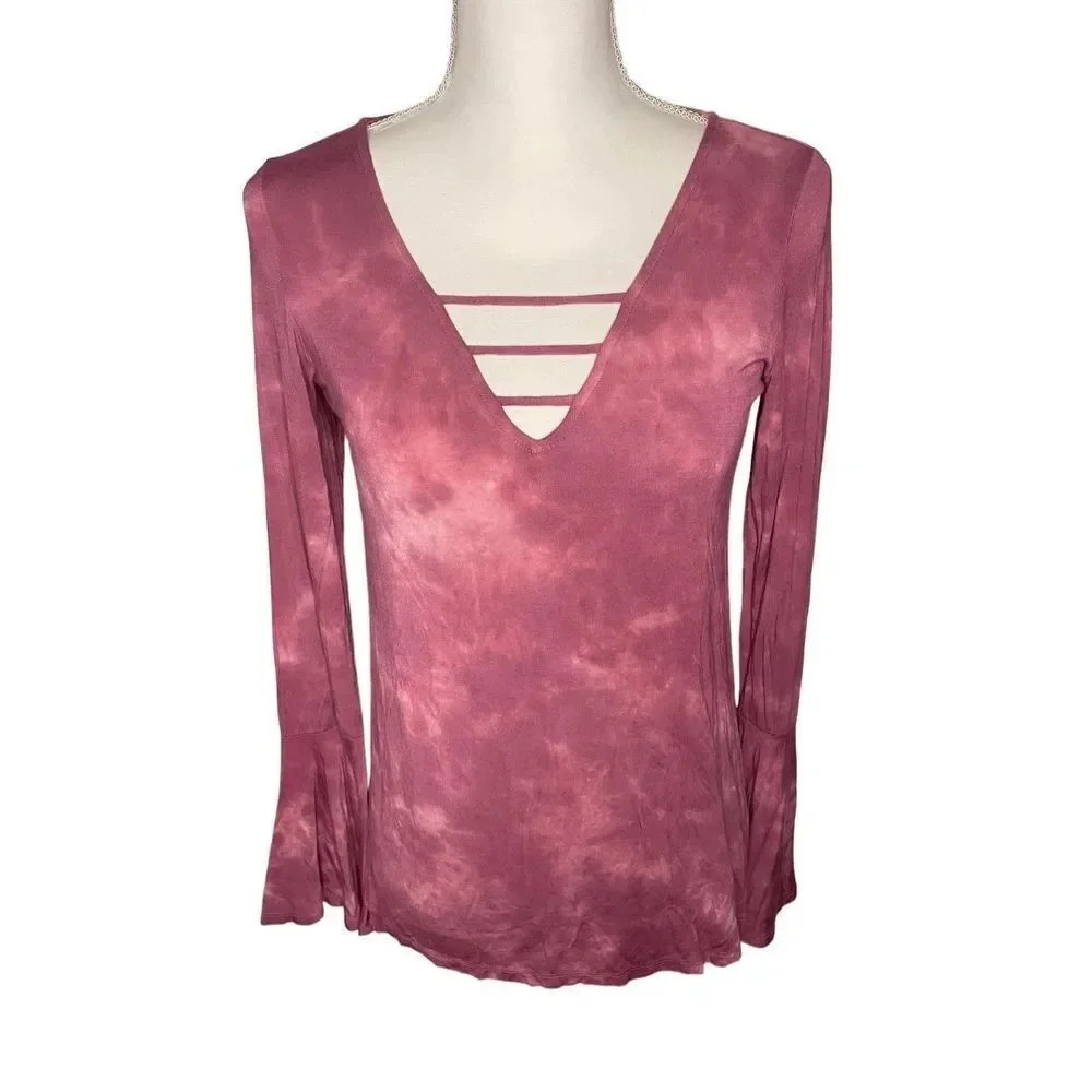 American Eagle Soft and Sexy Tie Dye Top Small Women’s Pink‎ Boho Bell Sleeve